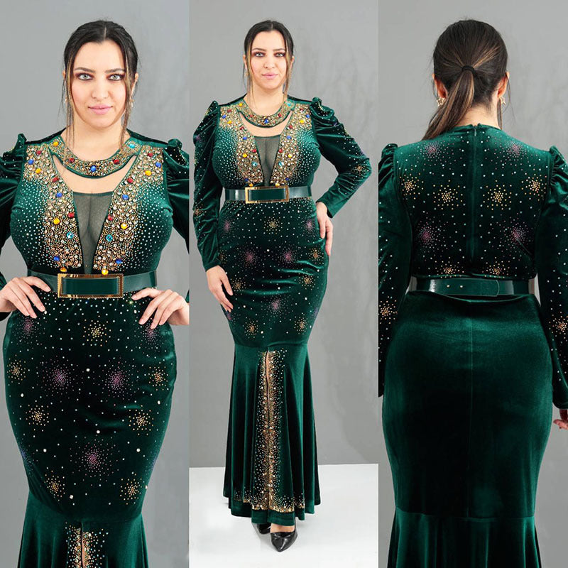 Jenny's factory direct export: gold velvet rhinestone embellished luxury slim-fit mermaid long sleeve maxi dress - african women's clothing