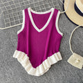 Sweet and spicy girl niche color-block v-neck sleeveless knit tank top for women,  summer new style, ruffle trim, slim fit, figure-flattering top