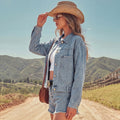 European and american cross-border e-commerce  new arrival: turn-down collar long sleeve metal button rivet washed denim long sleeve jacket for women