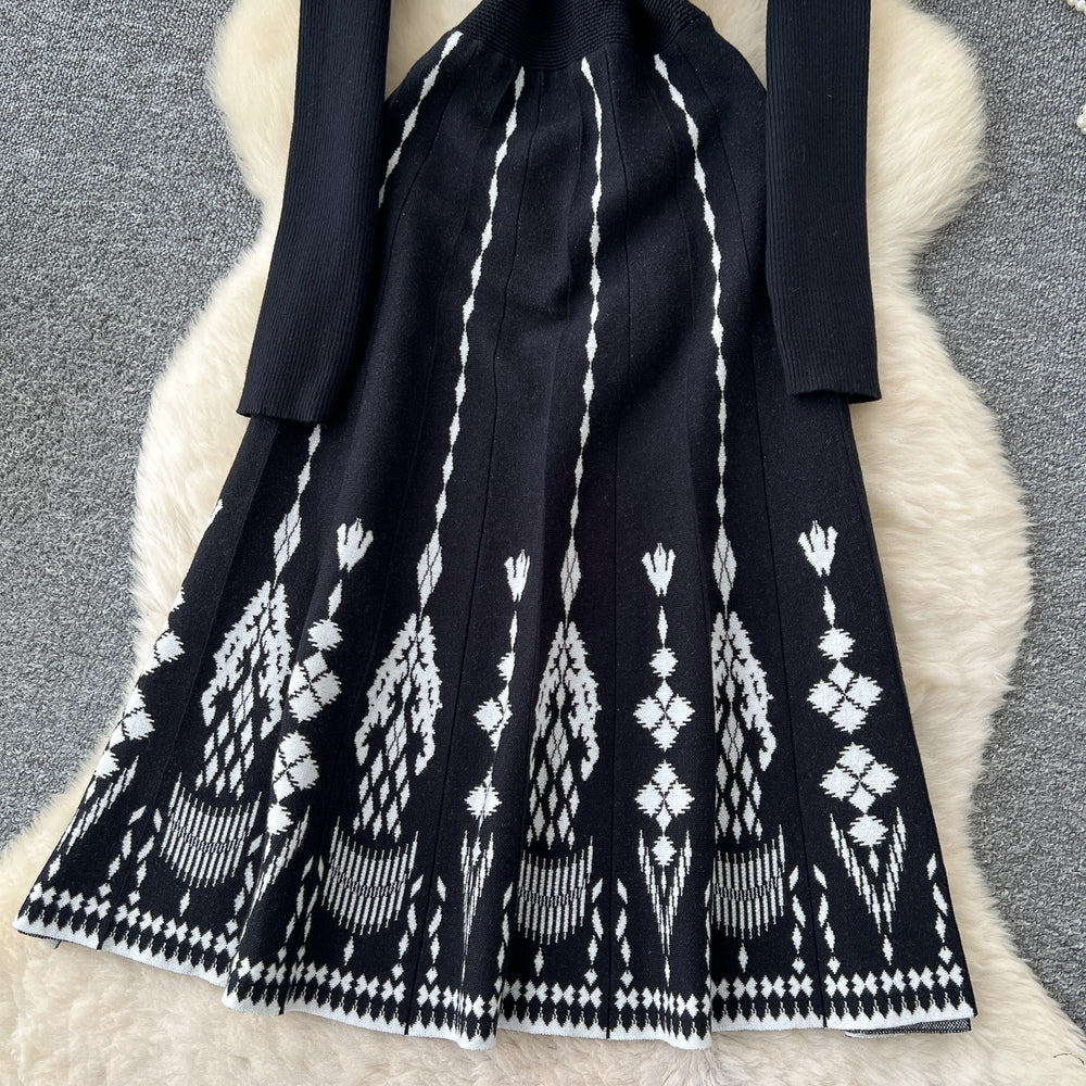 Classy lady heavy industry beading round neck long sleevesdress women  fall and winter waist inner sweater skirt long skirt
