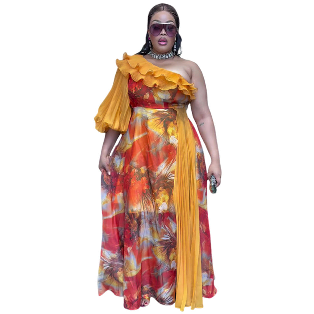 African plus size women's printed off-the-shoulder dress -  export fashion european and american cross-border spring/summer chiffon maxi dress