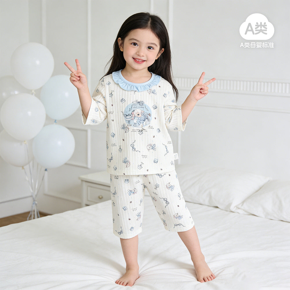 A-grade pure cotton summer lightweight pajamas, kids' loungewear, summer boys' and girls' three-quarter sleeve air conditioning suit, two-piece set