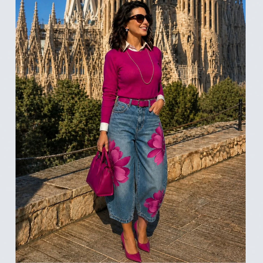 European and american style floral denim jeans - new women's streetwear fashion printed cropped pants for  cross-border e-commerce