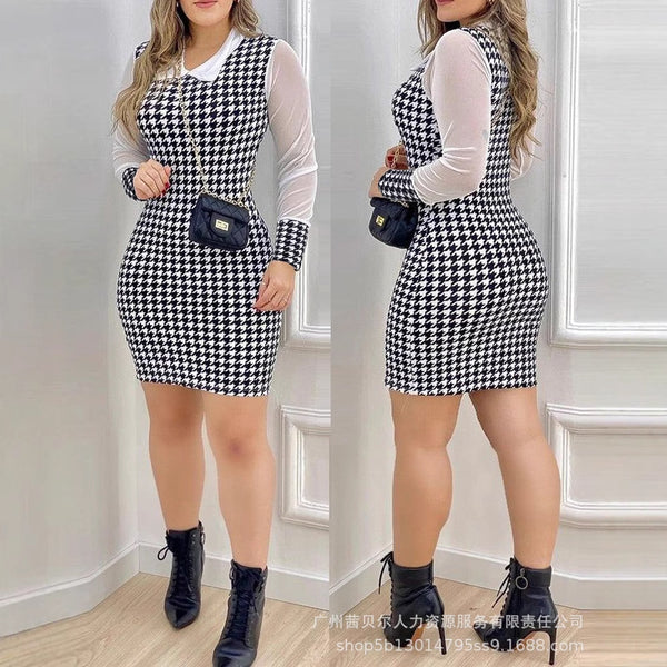 LZR18989 on the new  Europe and America thousand bird grid printing white perspective mesh splicing long-sleeved lapel tight skirt