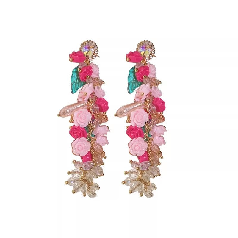 French pink girly rose flower earrings - forestcore dopamine vacation style tassel studs - light luxury ear jewelry