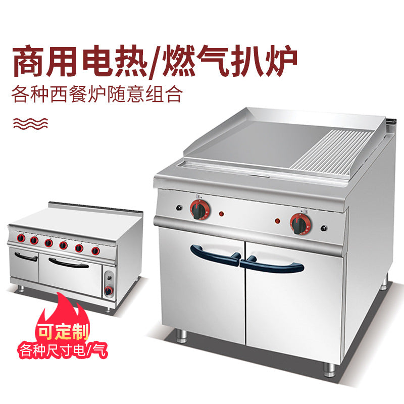 Vertical luxury half-pit electric griddle with cabinet base, commercial steak cabinet with oven, floor-standing combination stove
