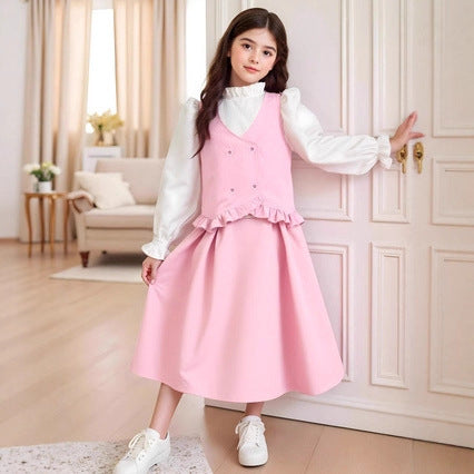 Girls' fashionable and elegant sweet ruffle design faux two-piece button-down shirt + matching skirt two-piece set