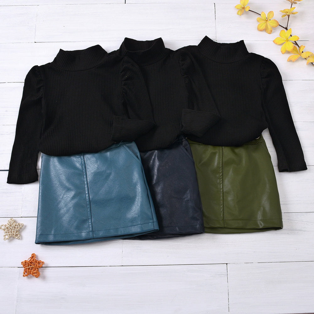 Fashion cross-border hot-selling children's clothing pure color turtleneck pit strip long sleevestops button open pocket leather skirt two-piece set girl's clothing