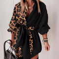 european and american women's elegant commute patchwork print long sleeve leopard tie-up vintage shirt dress