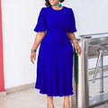D3215 european and american cross-border new arrival  solid color round neck puff sleeve slim fit waist plus size african dress