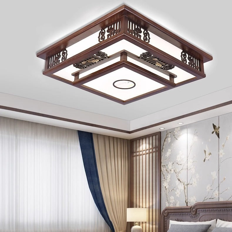 Double-layer simple Chinese living room light atmospheric rectangular ceiling light new Chinese solid wood lighting dining room bedroom lighting