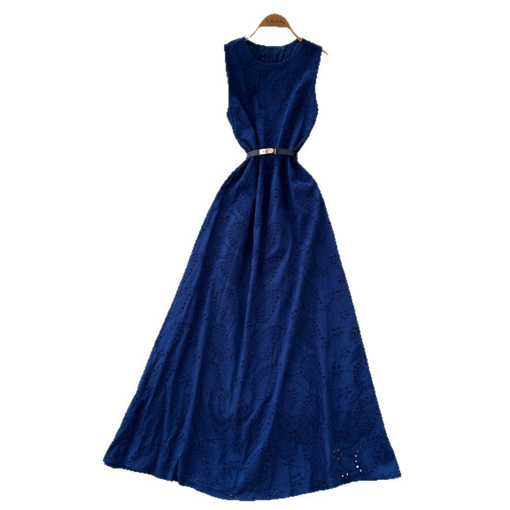 Luxury round neck sleeveless cutout dress - women's summer green a-line maxi dress - high waist, slimming, and figure-flattering - premium quality
