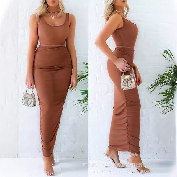 P1LZS2506 Europe and America 2024 Women's Clothing Brown Bodysuit Hip Skirt Set 2-piece Set