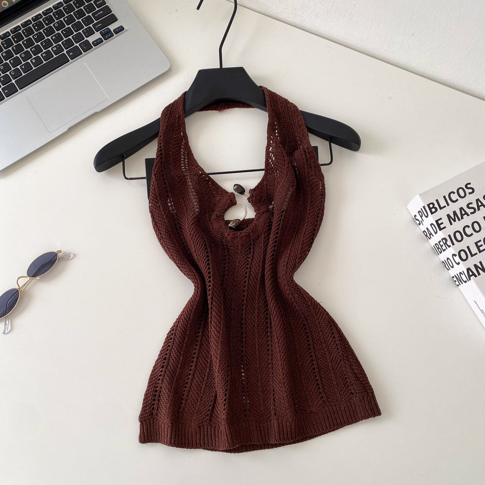 Korean style halter knit cutout camisole - women's summer outerwear, designer cutout slim fit, commute chic top