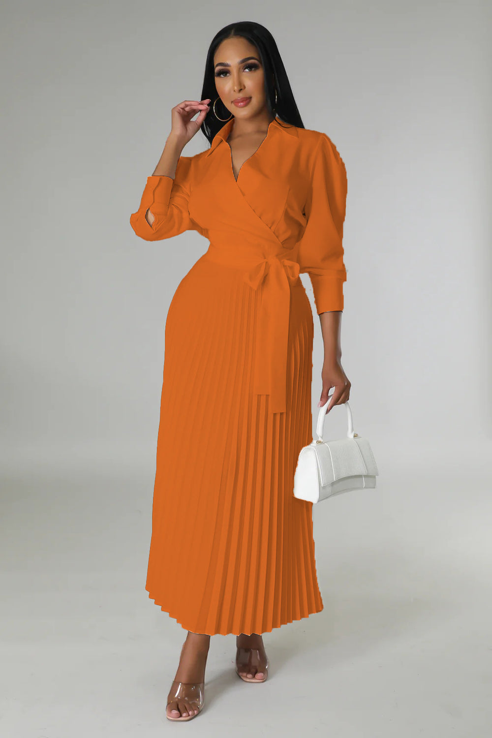 cross-border fashion: new ruched blouse sleeve v-neck, slim-fit, elegant pleated maxi dress for  us & europe