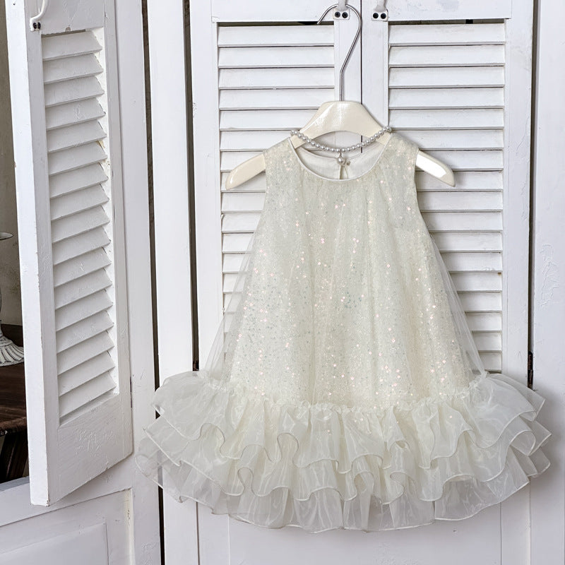Girls' princess dress summer : stylish mesh sequin birthday dress for baby girls, fairy tale gown