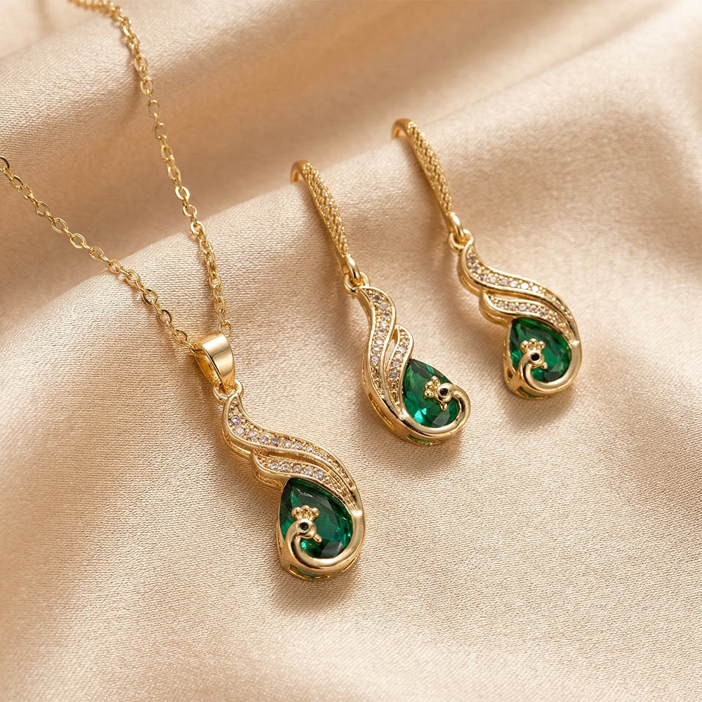 Stylishaccessible luxuryfashionbest selling copper inlaid zirconium phoenix necklace women's casualeasiest for match non-fading elegant collarbone chain earrings