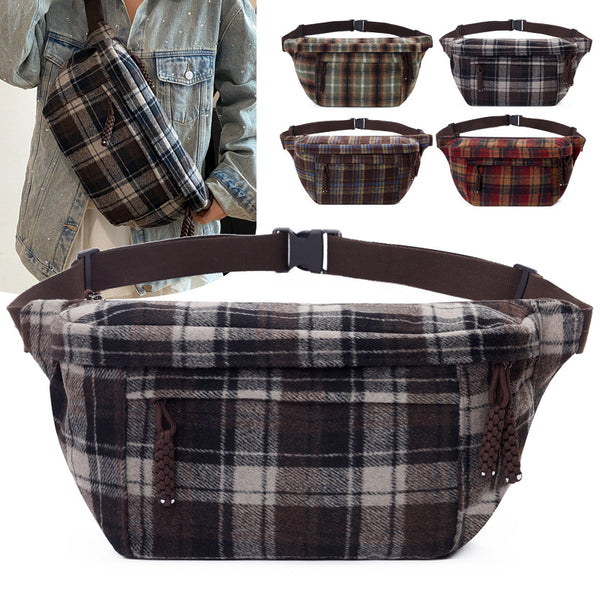 Trendy fashion retro plaid women's breast bag large capacity versatile shoulder messenger bag woolen texture multi-functional fanny pack