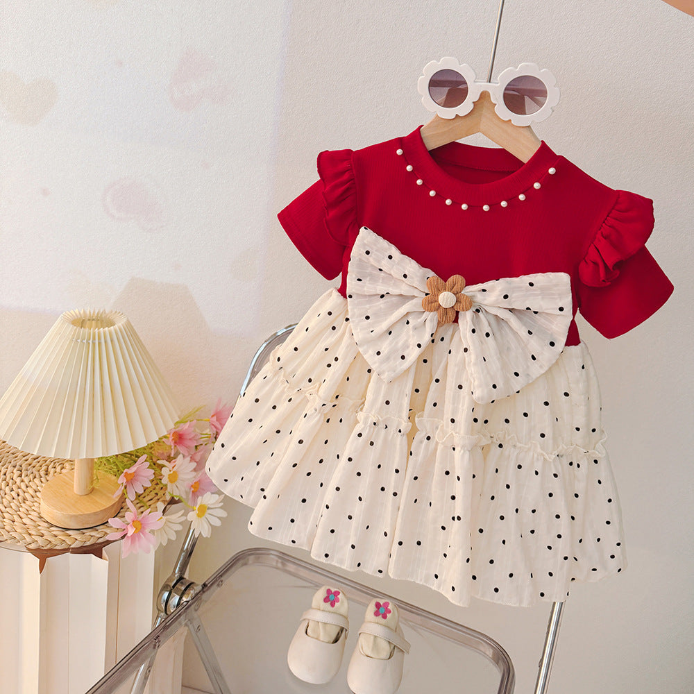 Girls' summer dress : korean style, trendy new arrival, chic infant and toddler dress with flutter sleeves, polka dot print, and round neck