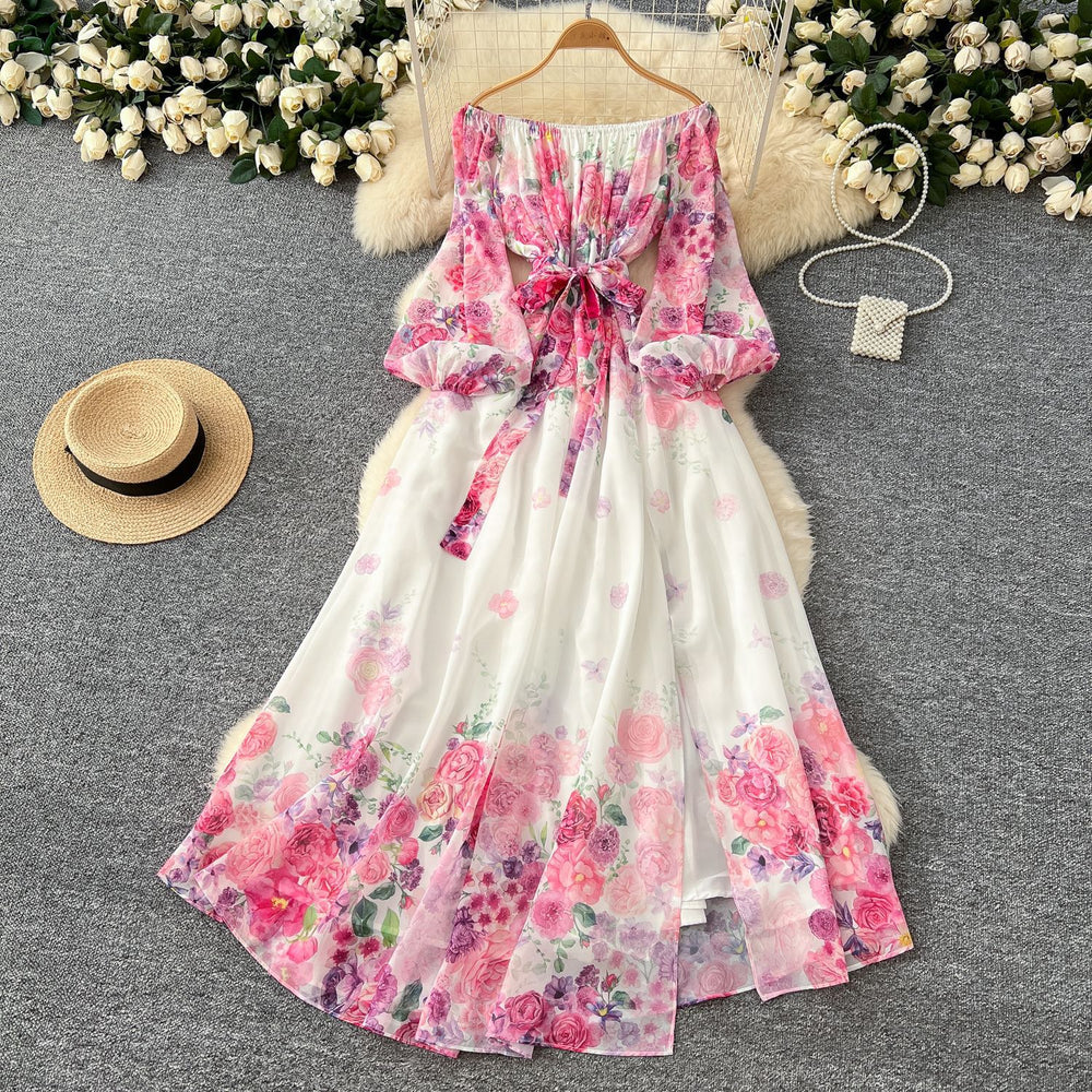 Early spring resort style dress - women's  new arrival: off-the-shoulder tie-waist lantern sleeve printed chiffon maxi dress