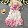 Early spring resort style dress - women's  new arrival: off-the-shoulder tie-waist lantern sleeve printed chiffon maxi dress