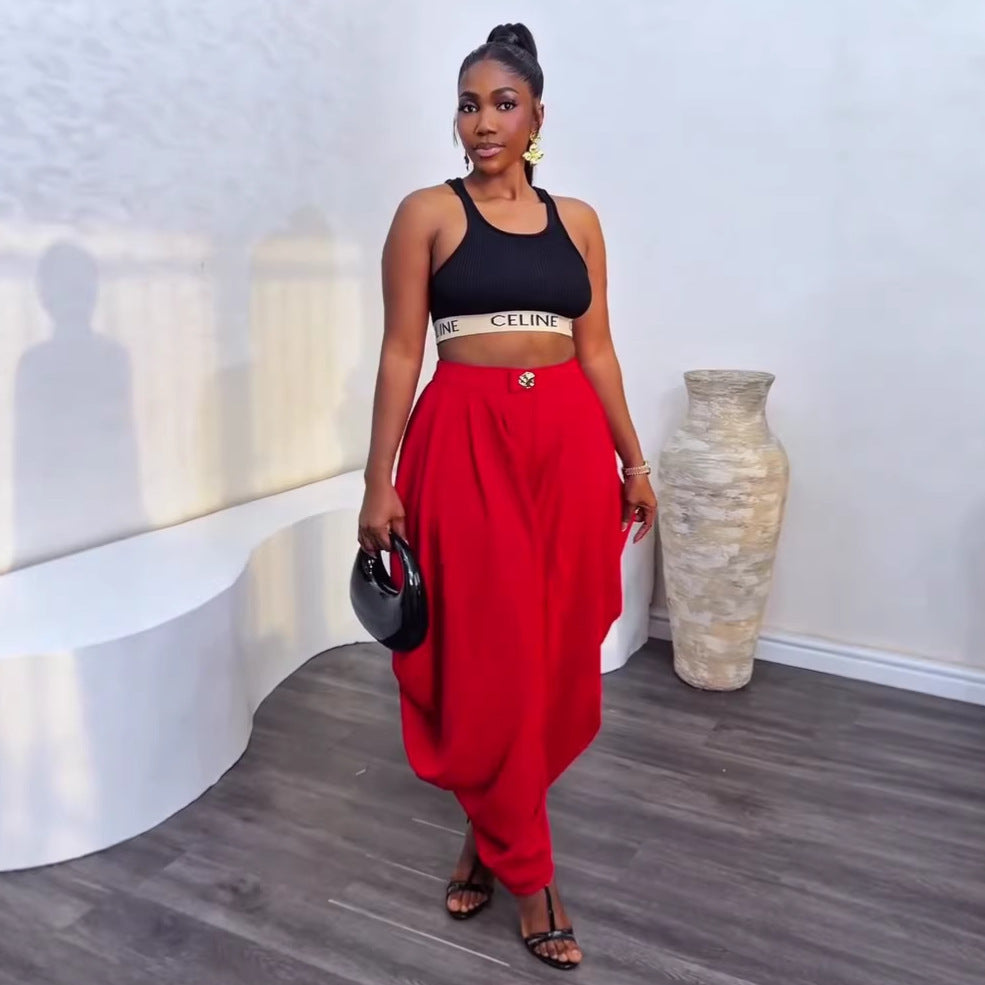 European and american cross-border women's fashion:  summer new arrivals - high-waisted, slimming, designer casual solid color loose wide-leg pants for women