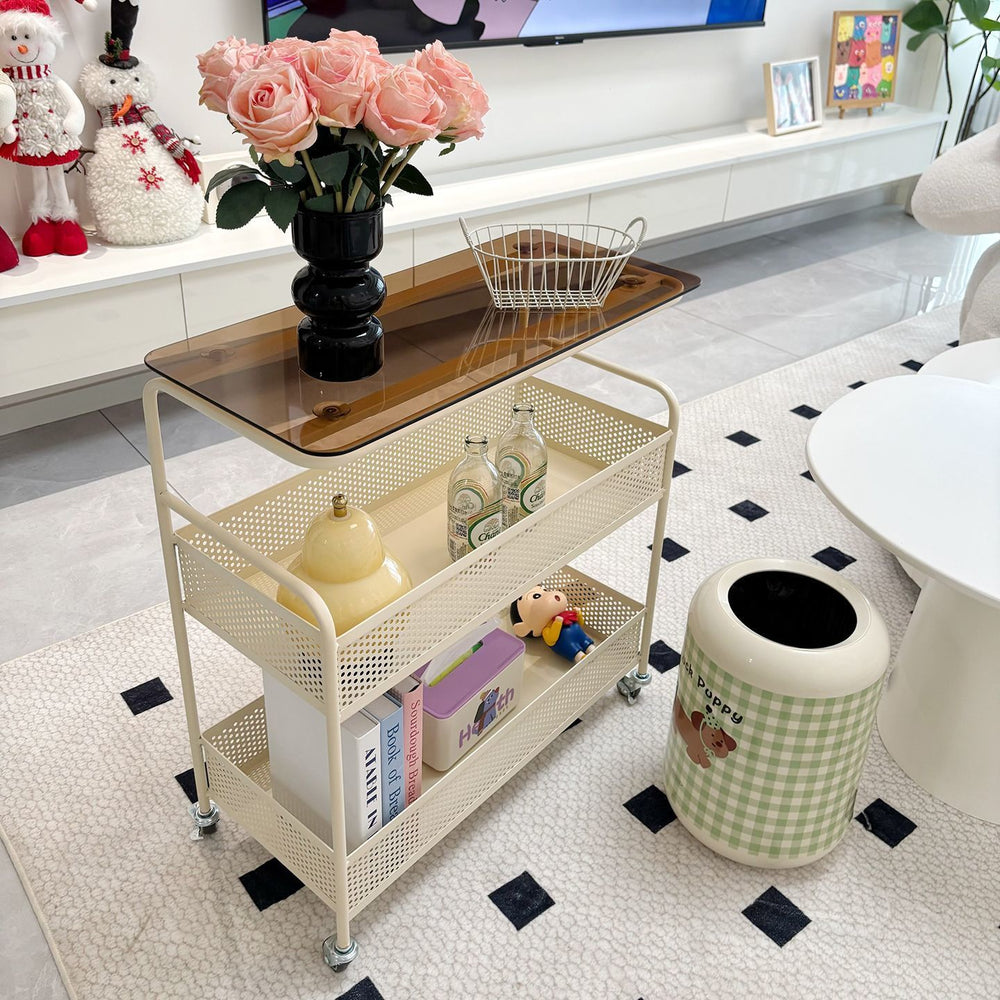 Cream style living room sofa next to several popular snacks multi-layer storage rack bedroom bedside table storage rack trolley