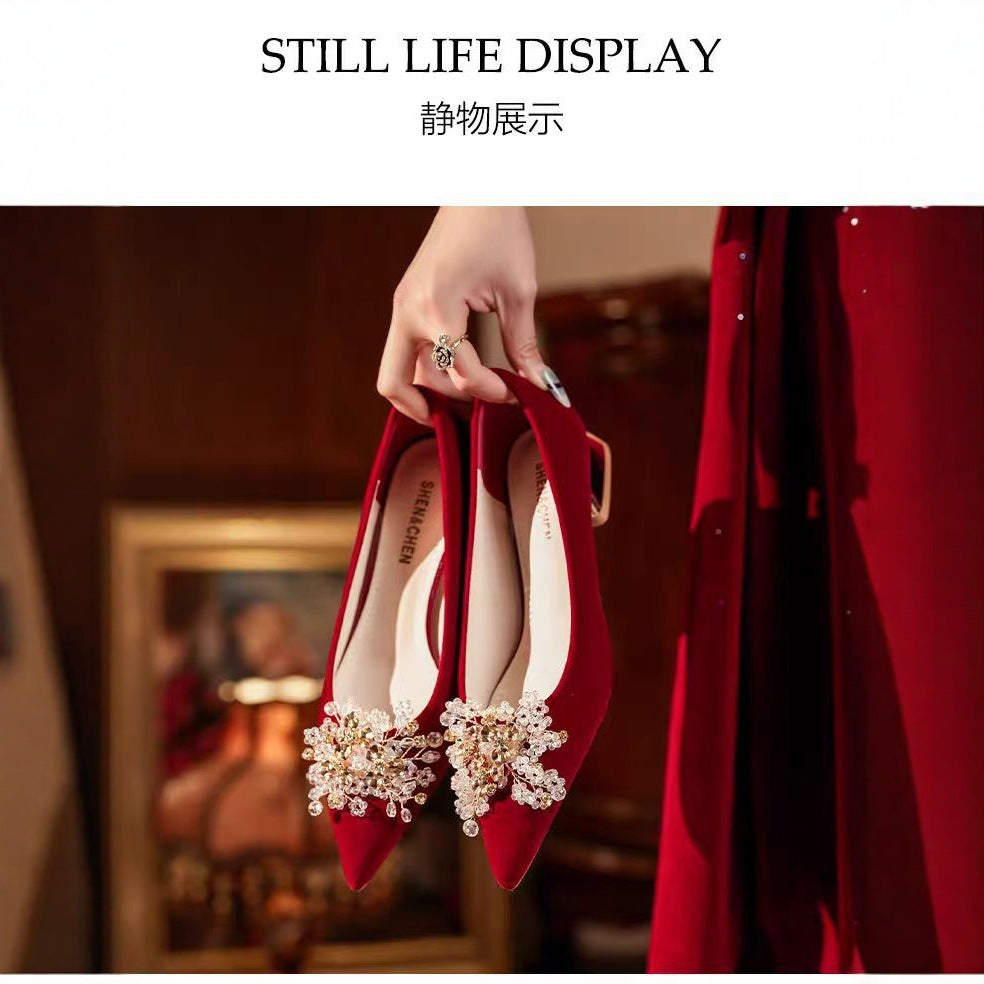 2025 red suede wedding shoes bridal shoes pointed toe rhinestone flower low heel square heel wedding party shoes