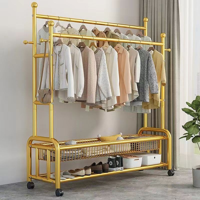 Simple hanger Bedroom floor removable hanger Double rod Double layer storage Multifunctional bold thickened coat rack