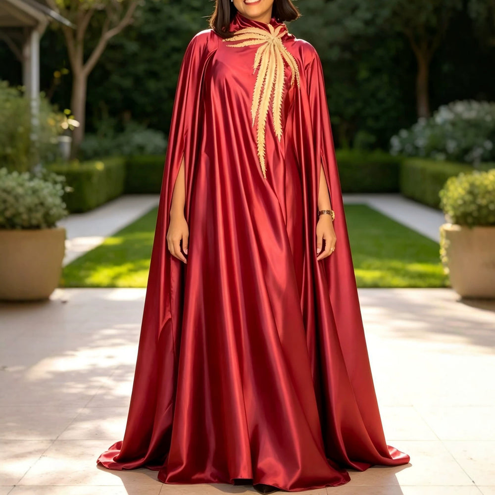 African new solid color cape sleeve banquet dress satin embroidered applique wedding robe gown bubudress