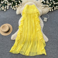 Vacation-style yellow tube top, loose-fitting sleeveless dress for women, summer ruffle trim halter neck design, french-inspired maxi dress