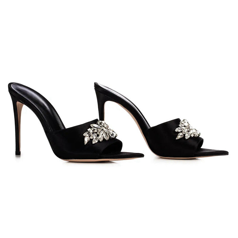 Summer european and american rhinestone high heel sandals pointed toe stiletto black high heels slip-on cross-border export ultra high heels