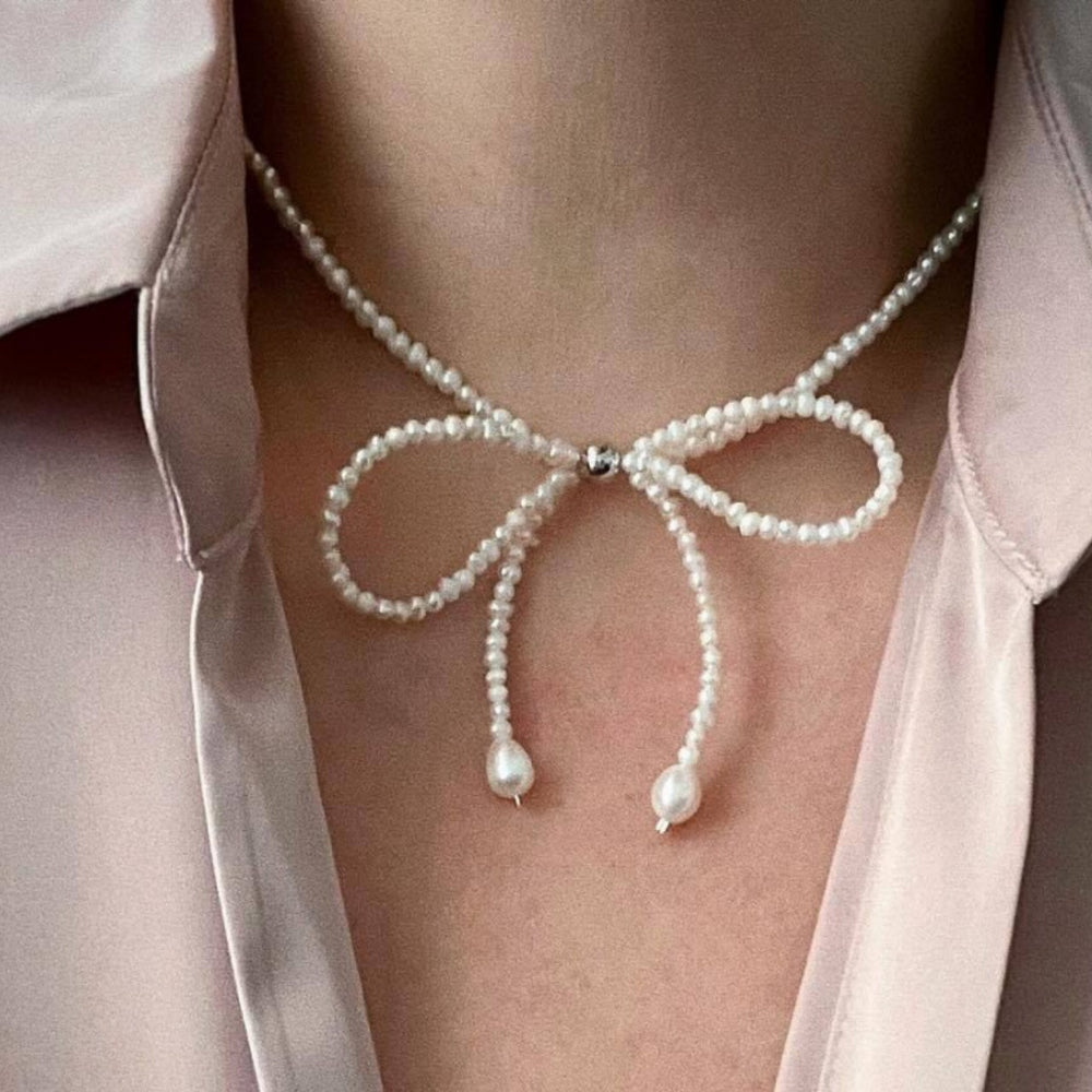 Bow choker necklace female fashion elegantsweet imitation pearl string chain niche styleclassy fairy style necklace