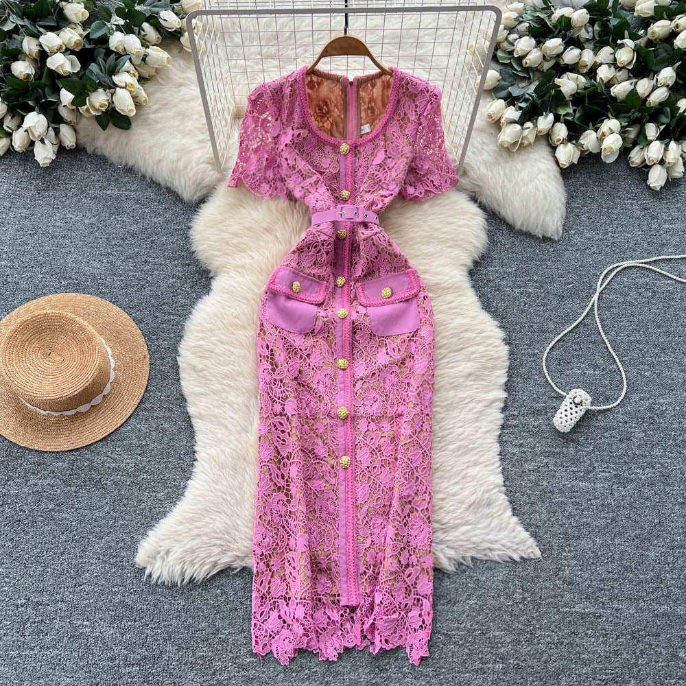 Classy sense of cut air square collar quality lacedress women's summer metal buckle waist silmslimming look a-line skirt