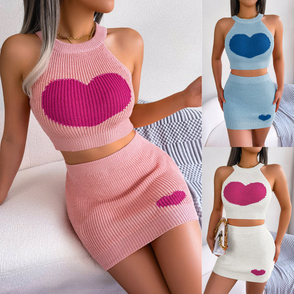 Real shot, spring and summer, European and American casual love contrasting color, navel top, hip skirt set, independent station  women's clothing