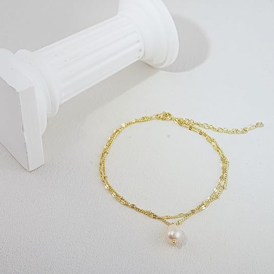 Fashion cross-border freshwater pearl pendant rope chain double layer stacked anklet exquisite foot jewelry freshwater pearl anklet