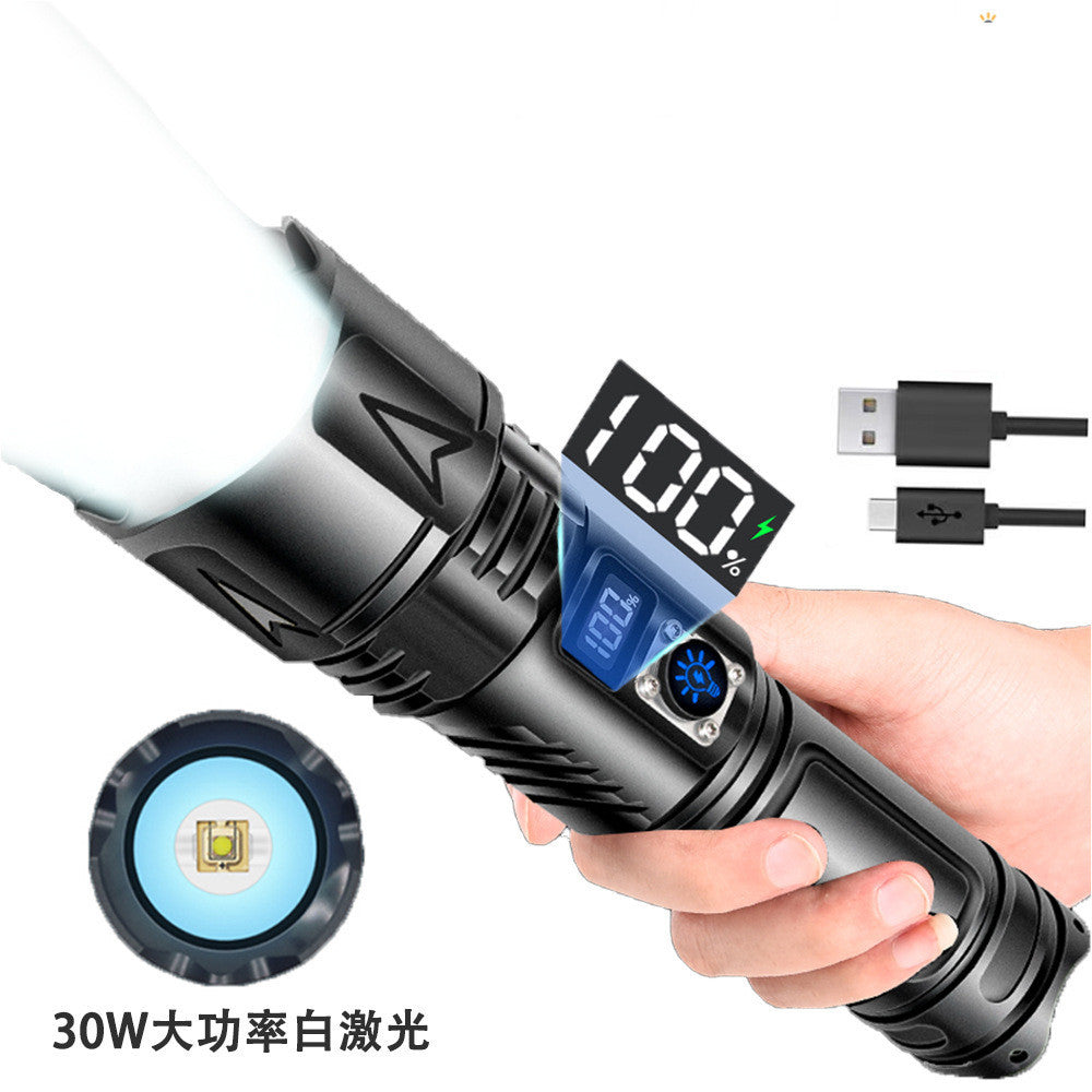 Cross-border white laser long-range flashlight digital display strong light outdoor charging, super bright tactical LED zoom long-range flashlight