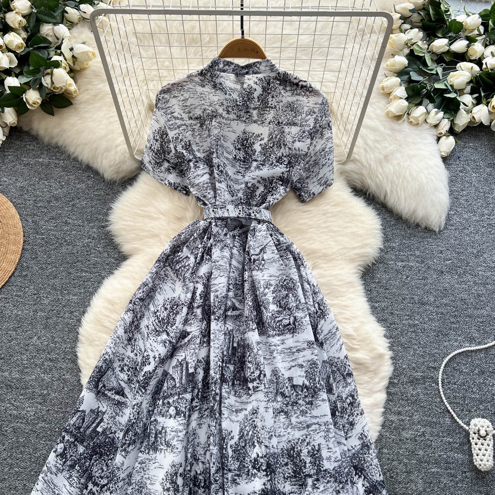 Vintage ink wash painting print short sleeve dress - women's summer stand collar belted slimming design - elegant mid-length dress