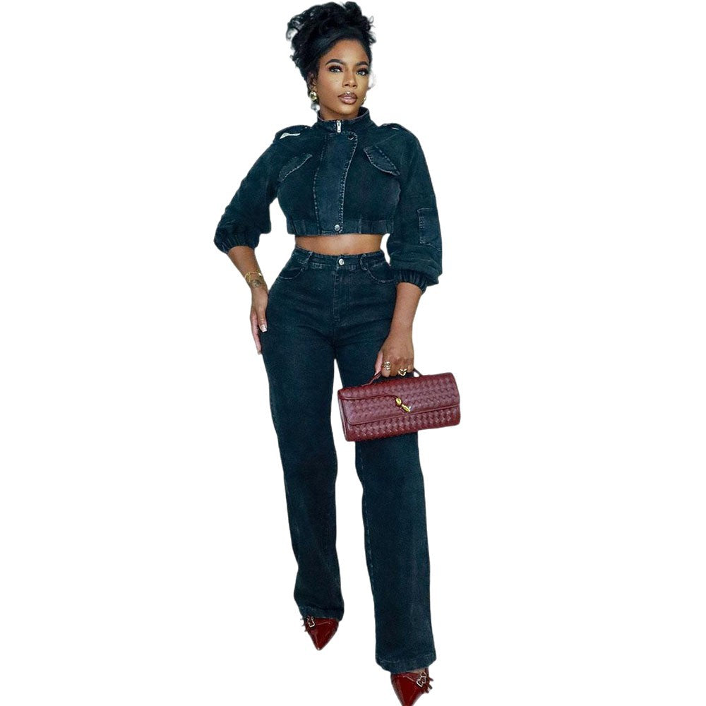 European and american style denim set -  cross-border women's fashion: long sleeve cropped jacket & high-waisted jeans