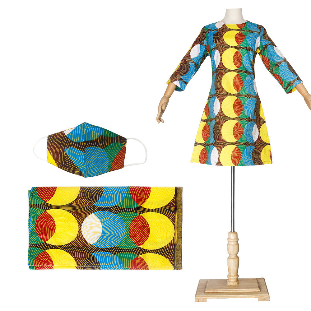 African women's fashion: european and american cross-border e-commerce,   new collection - wax print dress with matching headscarf and face mask