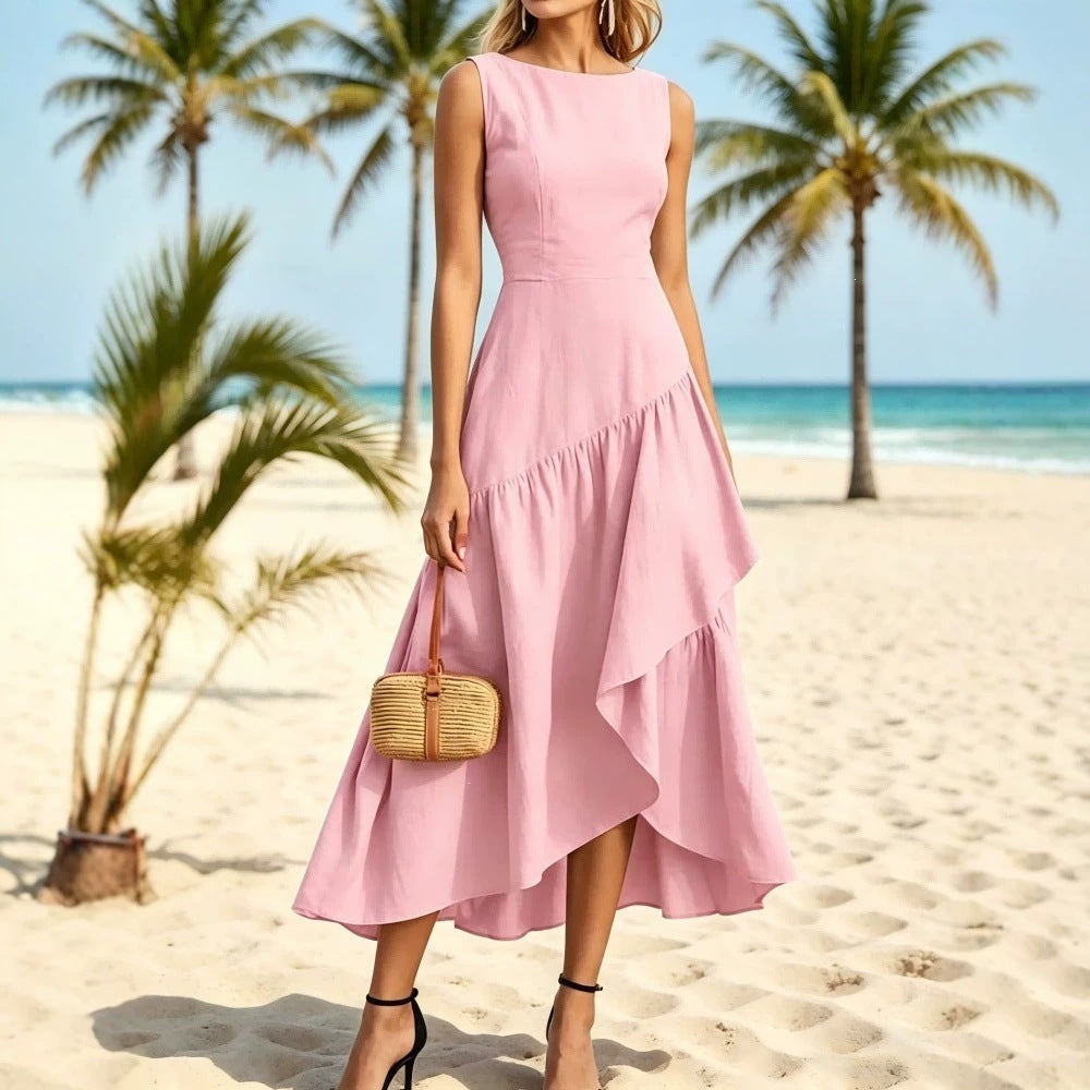 fashion summer vacation style women's new silk mesh patchwork sleeveless straight neck waist longdress
