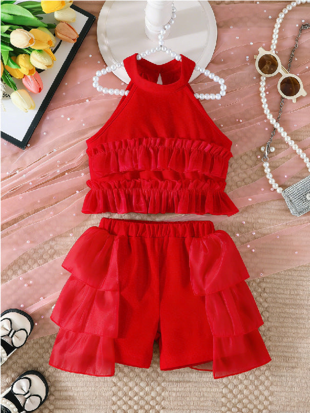 new girls' halter neck off-shoulder tiered skirt pants sweet princess set