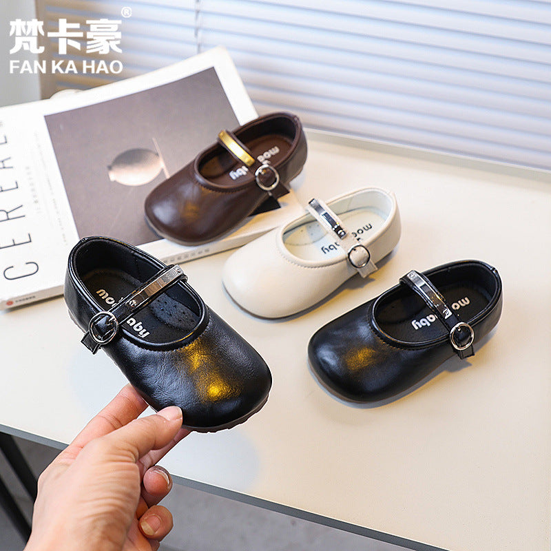 Vancahao girls' black leather shoes -  spring/autumn new korean style - simple and versatile princess shoes for toddlers and little girls