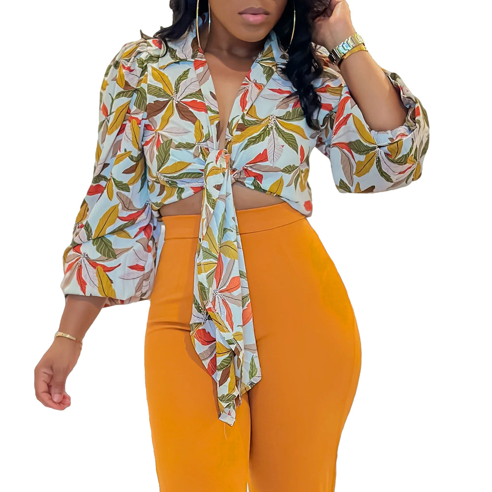 D3267  new fashion european and american foreign trade women's cross-border printed turn-down collar tie-neck long sleeve european and american blouse