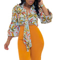 D3267  new fashion european and american foreign trade women's cross-border printed turn-down collar tie-neck long sleeve european and american blouse