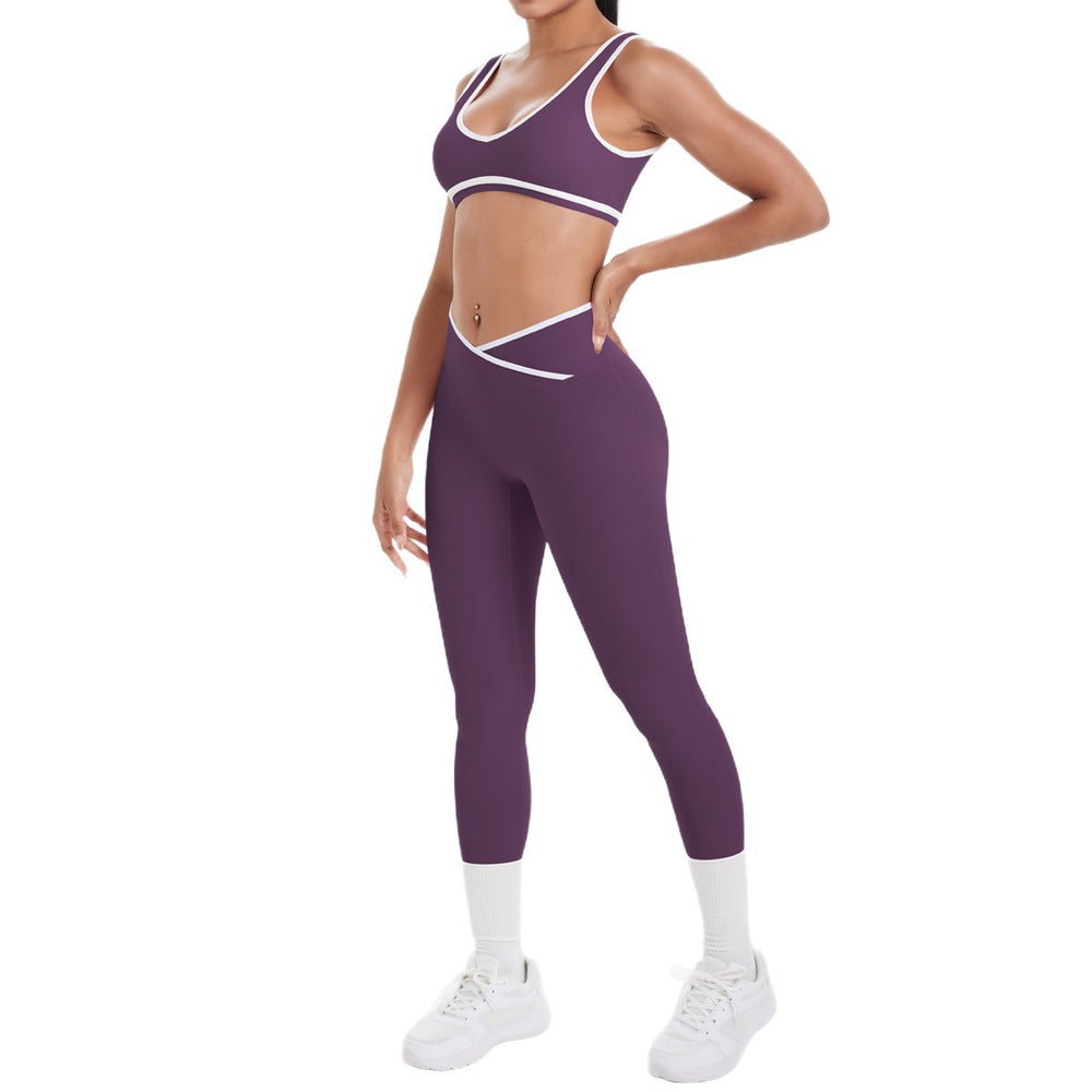 New arrival cross-border brushed contrast color tight breathable cross wide-leg yoga suit sports running fitness two-piece set