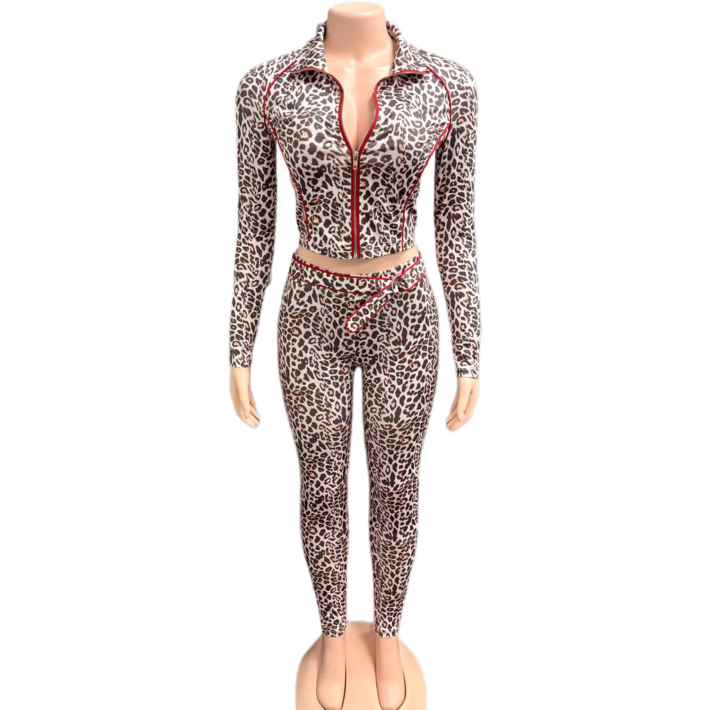 Cross-border Europe, America and 2025 new women's clothing Spice Girl hip-wrapped leopard print elastic trousers zipper cardigan two-piece set