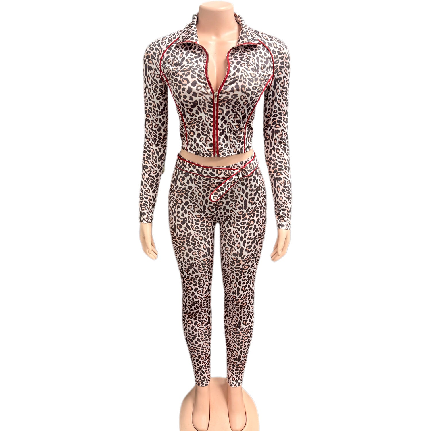 Cross-border Europe, America and 2025 new women's clothing Spice Girl hip-wrapped leopard print elastic trousers zipper cardigan two-piece set