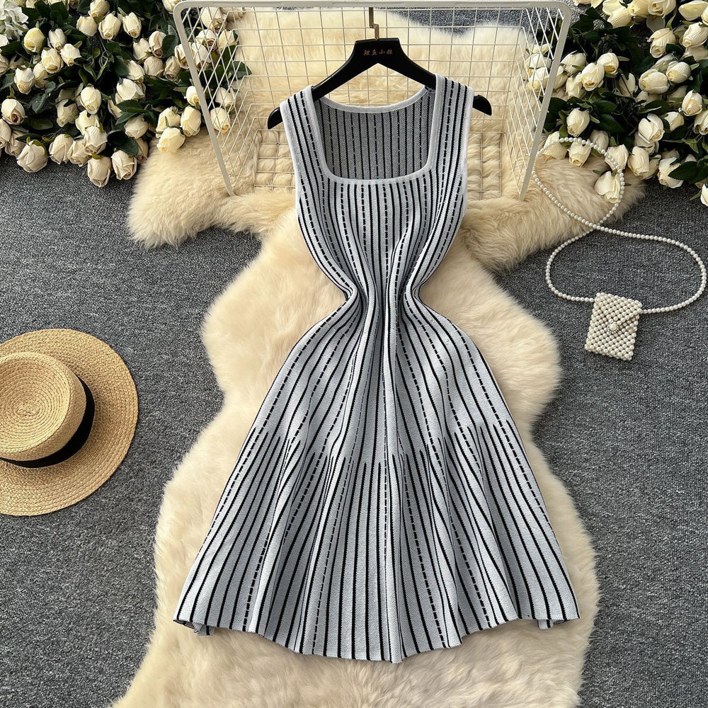 Classysense niche style square neck sleeveless stripesknittingdress women's summer waist slimming looka-line sweater vest dress