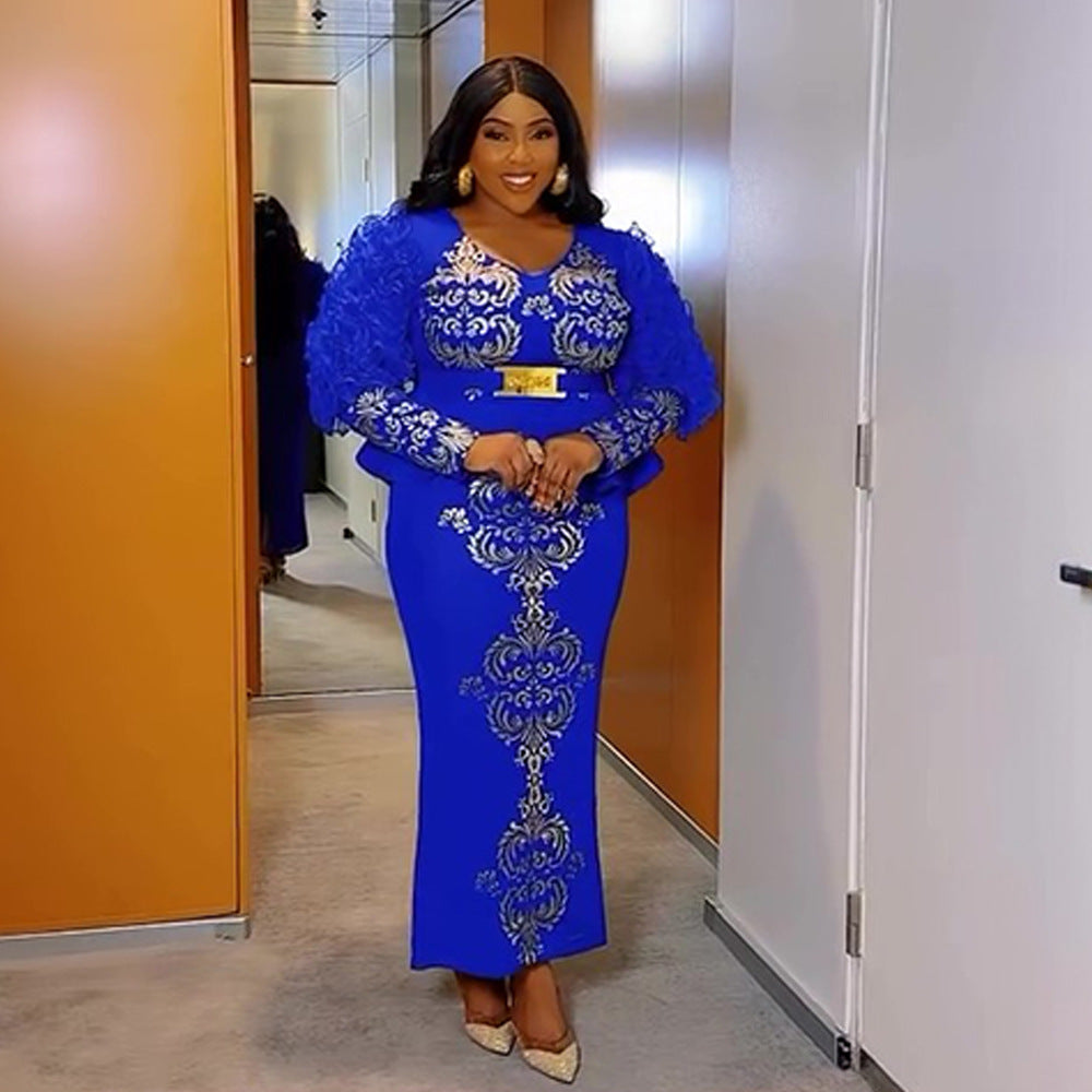 women's plus size dress, foreign trade african style  new hotfix rhinestone beaded v-neck evening gown